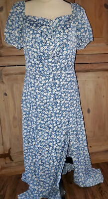 Shein Blue and White Floral Flower Dress Size L Fits 8-10 Long High Slit  NWT *22