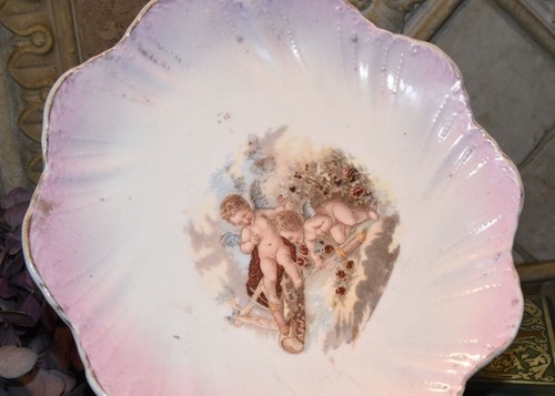 ANTIQUE CHERUB CUPID LOVE ANGEL PLATE VICTORIAN PORCELAIN TRANSFER PALE PINK 7" - Picture 8 of 9