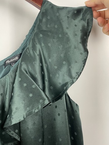 Madewell Emerald Green Silk One Shoulder Ruffle Dotted Mini Lined Dress Size 0 - Picture 3 of 7