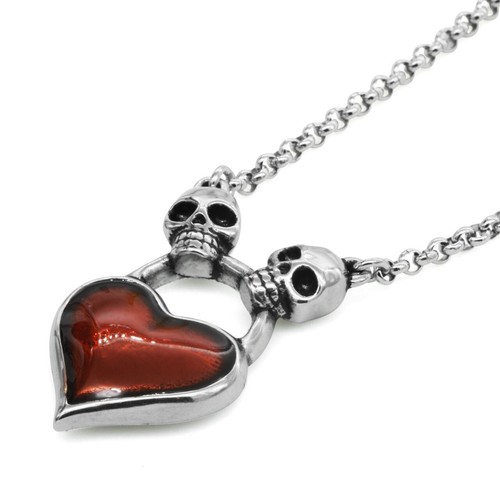 Couple Skulls Red Heart Necklace Stainless Steel Jewelry by Controse - Picture 3 of 6