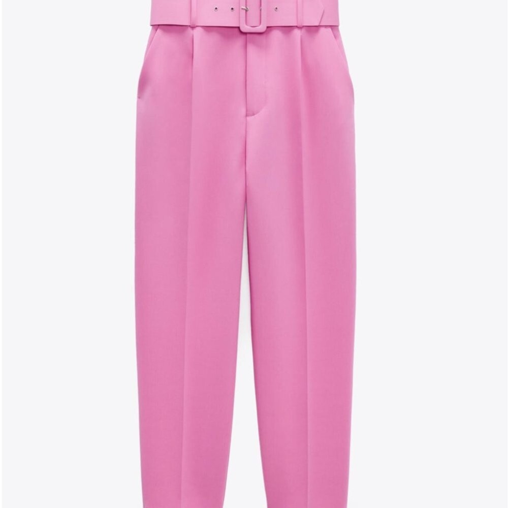 ZARA NEW HIGH-WAISTED PANTS Fabric covered BELT BUBBLEGUM