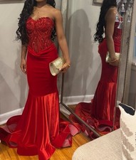 red rhinestone sequin glitter corset mermaid prom dress size xs