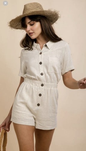 Linen Altar’d State Tan Cotton Blend Romper Pockets Large Beach Coastal Cute - Picture 10 of 10