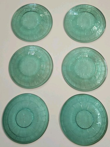 Ultramarine Teal Doric & Pansy 6" Plates Depression Glass - Set Of 6 - Picture 4 of 4