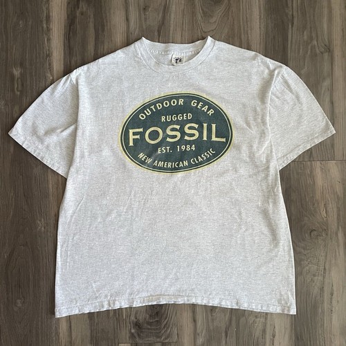 Vintage Fossil Watch T-Shirt Size L/XL Worldwide Graphic Gray USA Made