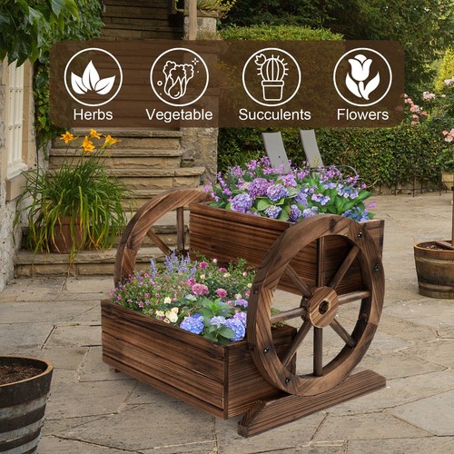 Wooden Wagon Planter Box, Garden Planter with Wheels,Decorative Planter for F... - Picture 7 of 9