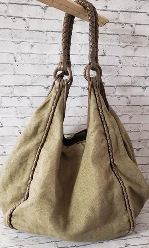 Elie Tahari Canvas Large Satchel Bag Braided Leather Trim Taupe Boho Lagenlook - Picture 3 of 14