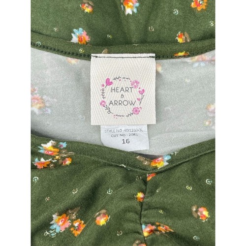 Heart & Arrow Girls Army Green Floral Short Sleeve T-Shirt Dress Youth Size 16 - Picture 6 of 6