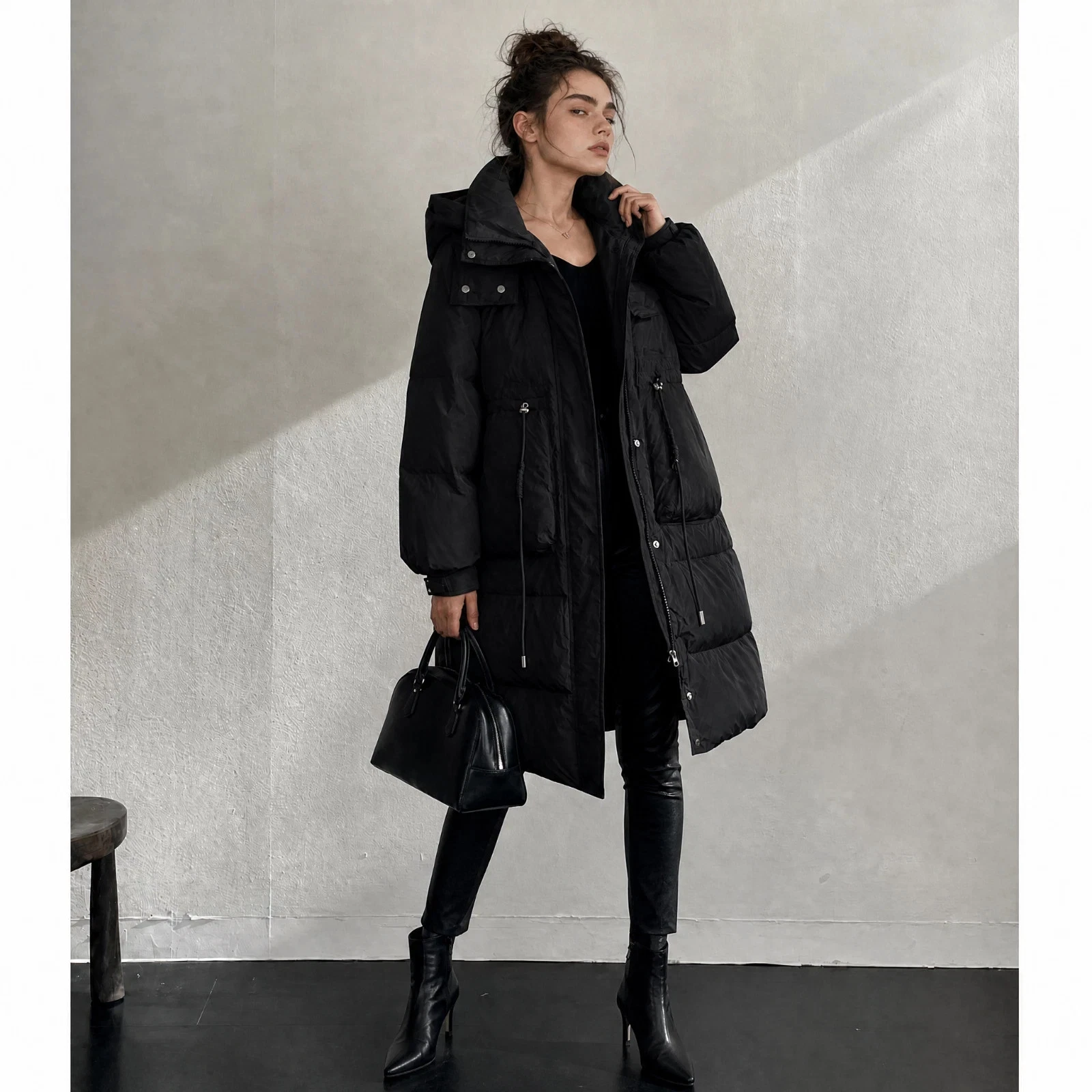 Women's Premium 90/10 Duck Down Long Puffer Coat Hooded Quilted Winter Black