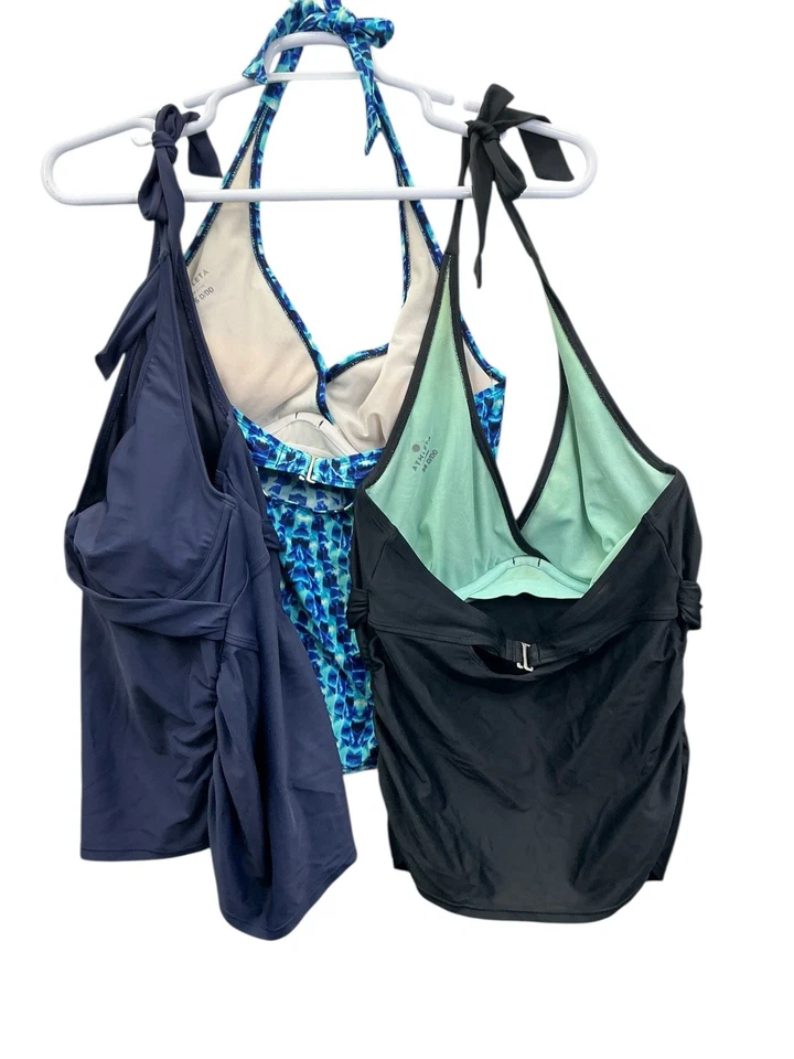 Athleta Tankini Top Royal Blue Halter Ruched Stretch Swim Top Sz. 36D/DD 3 Tops - Image 2 of 4