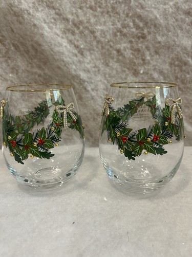2x Christmas Garland Stemless Wine Glasses Painted Rhinestone Bow Gold Rim - Picture 2 of 3