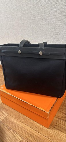 HERMES Herbag Cabas GM Tote Bag Black 2style Canvas Used From Japan - Picture 3 of 15