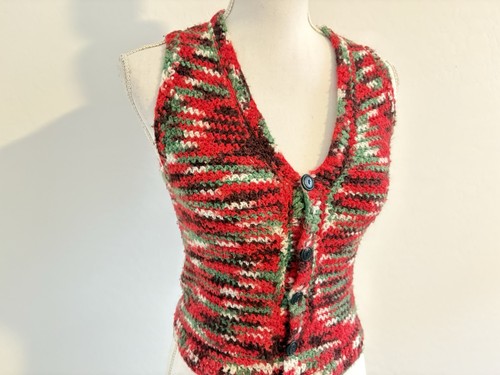 Women’s Handmade Red Green Striped Knitted Vest Christmas Holiday Size Small - Picture 2 of 5