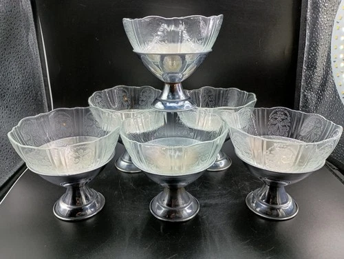 Macbeth Evans Glass American Sweetheart Depression 2 Part Chrome Sherbet Cups 6