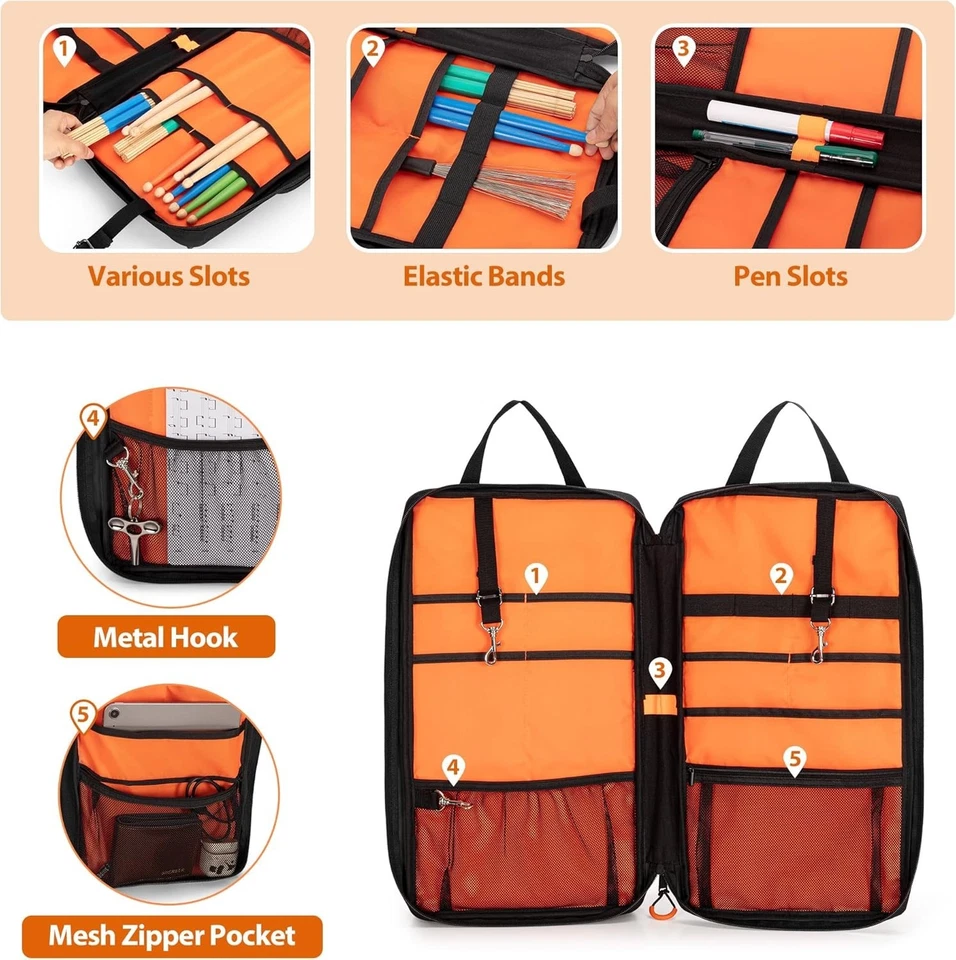 Bolsa para baquetas de gran capacidad con ganchos ajustables y bolsillos con cremallera - negra Foto 4 de 4