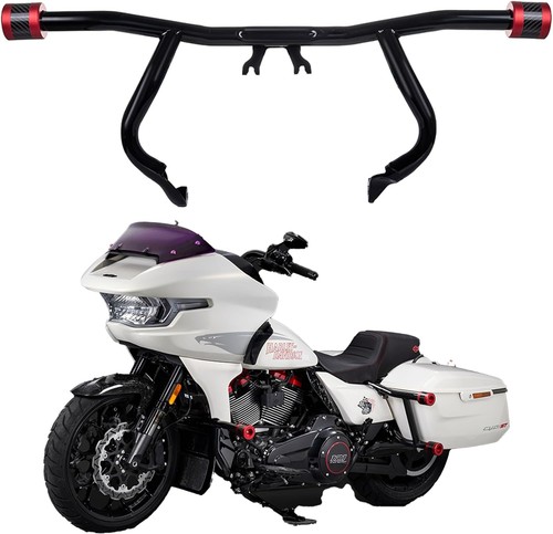 ProTek Front Red CNC w/ Carbon High Way Peg One Step Crash Bar For Harley - Picture 6 of 12