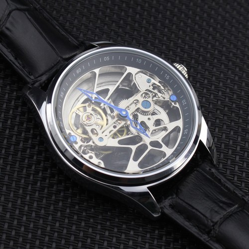 Herren Skelett Stegwerk Automatik Mechanische Uhr Silber Schwarz Leder - Bild 2 von 10