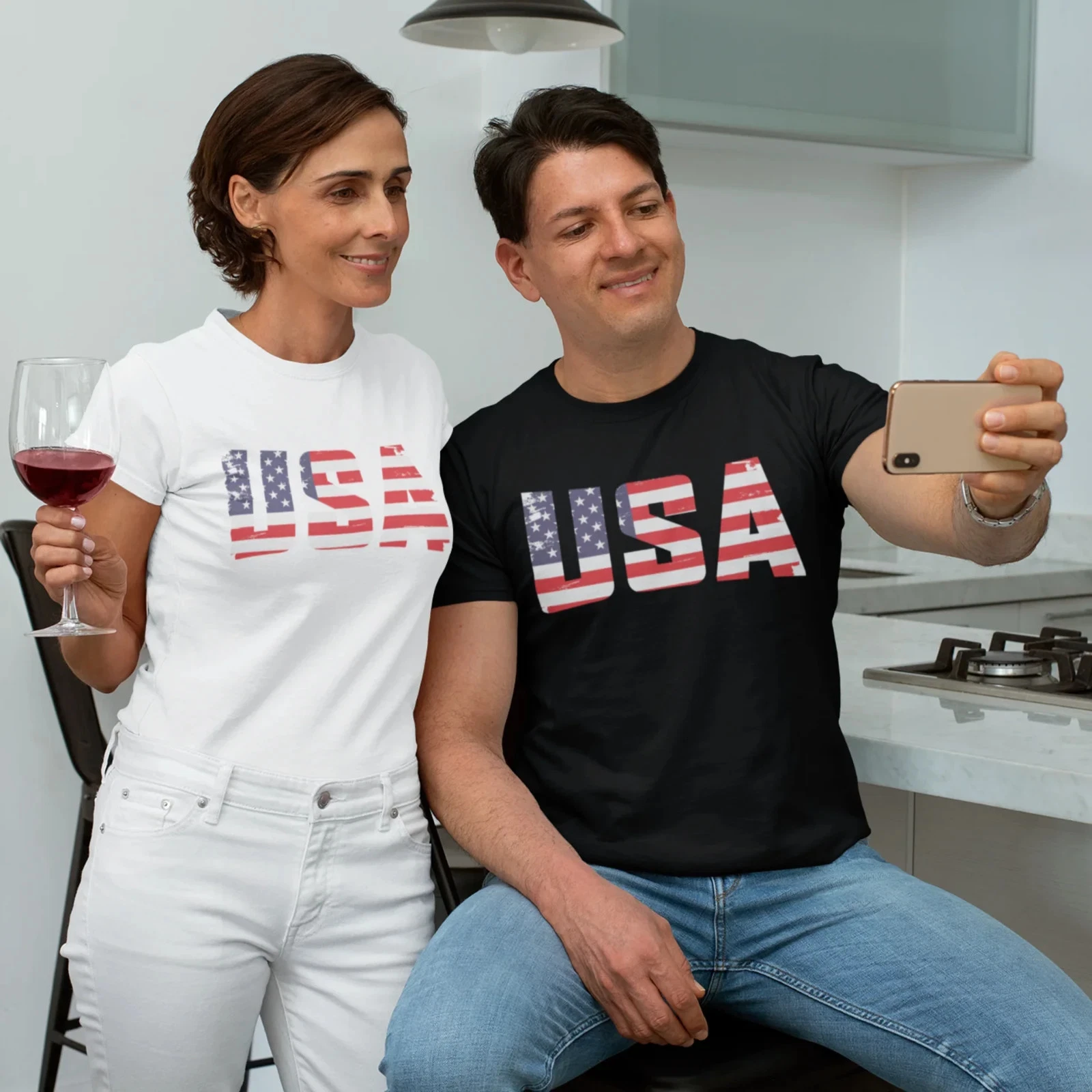 USA Flag Text Tee Unisex Stylish Round Neck Short Sleeve T-Shirt Patriotic Wear