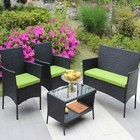 4PC Rattan Patio Furniture Set – Outdoor Wicker Sofa with Green Cushions