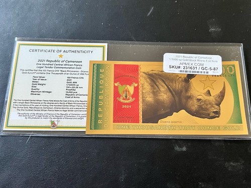 2021 Repubblica del Camerun 1/1000 oz oro nero rinoceronte lamina banconota (manica + CoE) Pr - Foto 4 di 7