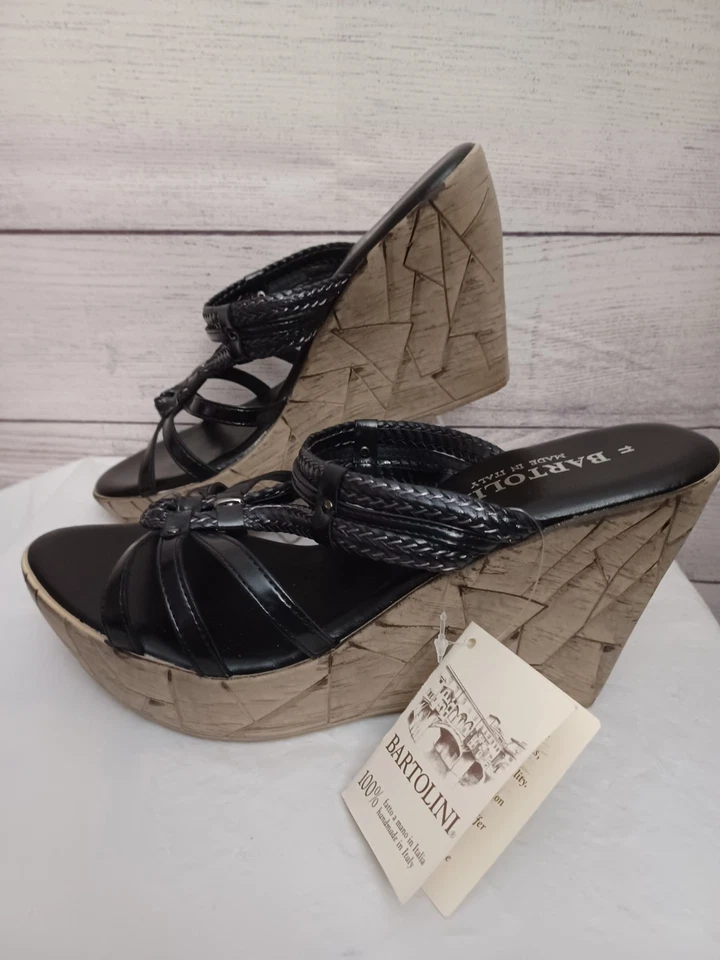 Sandalias negras BARTOLINI para mujer talla 11 con cuñas deslizables hechas en Italia usadas en excelente estado Foto 3 de 4