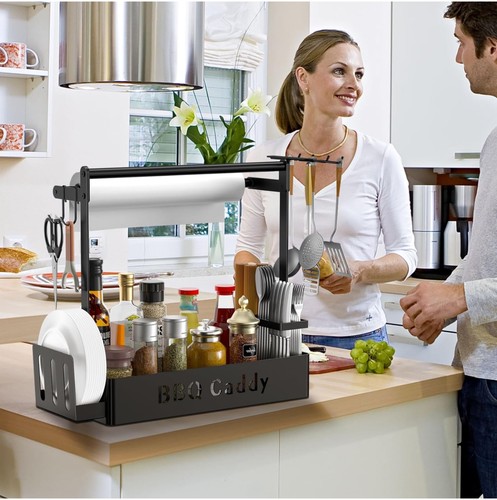 Carrito para parrilla, carrito para barbacoa con soporte para toallas de papel para platos cubiertos, carrito para cubiertos - Imagen 3 de 8