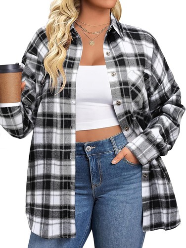 Womens Plus Size Flannel Plaid Shirts Roll Up Long Sleeve Casual Collared Button - Bild 27 von 43