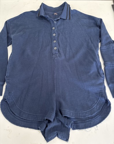 Free People Fp Movement Teach Me Romper Navy Blue Button Collared Size M - Picture 2 of 12