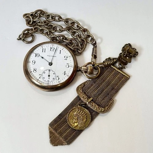 WALTHAM Antique Pocket Watch Open Face Sub Seconds with Chain Mesh Fob Display