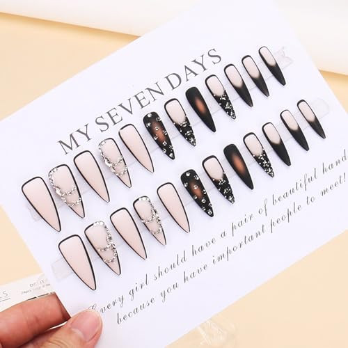 Black Ombre Press on Nails Long Stiletto Fake Nails Matt E-02Night Diamonds - Bild 3 von 7