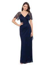Xscape Neo Navy Blue Beaded Sleeve Ruched Column Gown Dress Size 18 $208