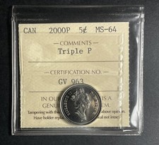 **EXTREMELY RARE** 2000 P CANADA 5 CENTS - TRIPLE P - ICCS MS 64