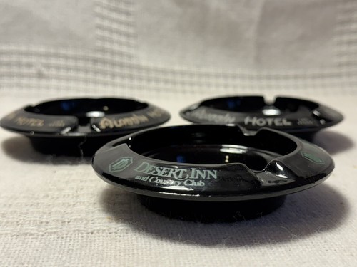 Vtg Las Vegas Black Glass Ashtrays 2 Aladdin Hotel & 1 Desert Inn - Picture 2 of 3