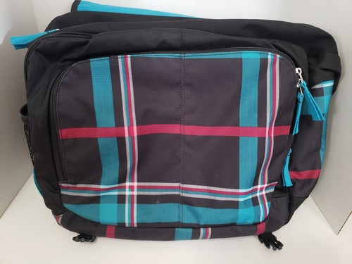 Jansport Messenger Tote Laptop School Work Bag Teal Black Pink Plaid - Picture 2 of 4