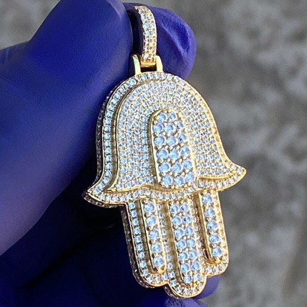 Alternate view of 14k Gold Plated 925 Sterling Silver Hamsa Hand Pendant Iced Amulet Charm