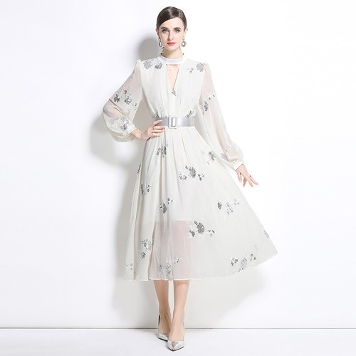 Französischer Stil Damen lang Puffärmel Chiffon Pailletten mittellang Swing Abendkleid - Bild 1 von 27