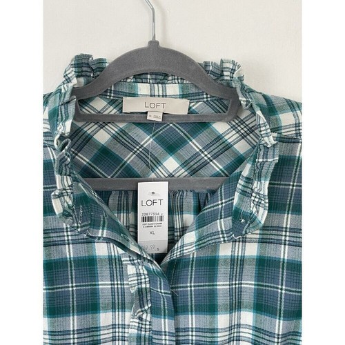 Loft Shirt Size XL Womens Blue Button Front Plaid Ruffle Collar Prairie Top NEW - Picture 5 of 10