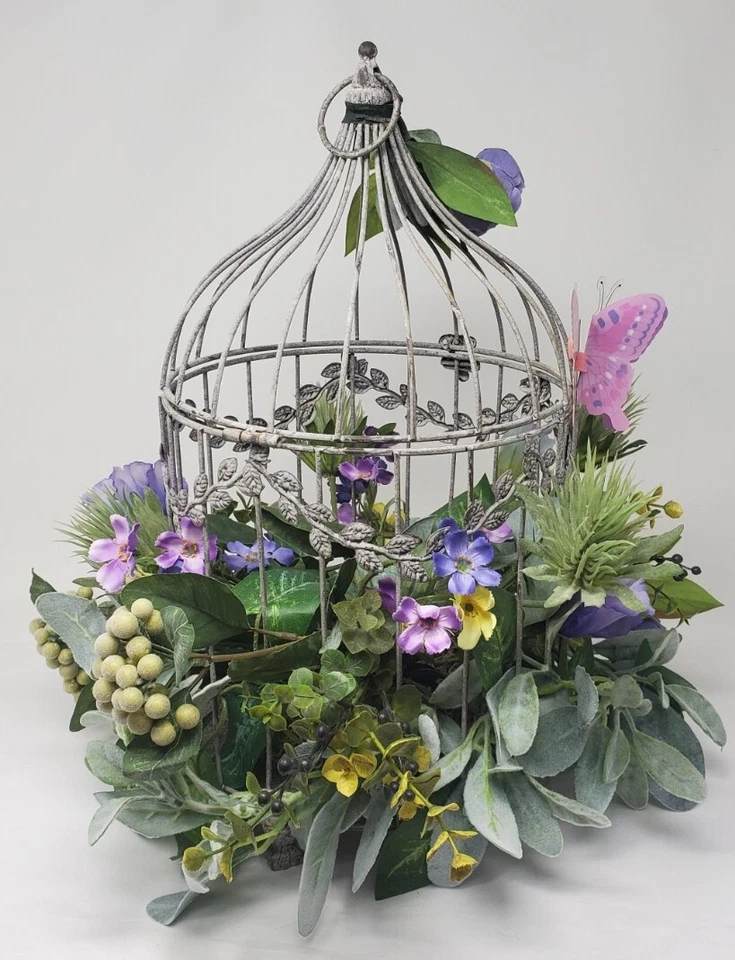 Boda, Decoración del Hogar Arreglo Floral, Antigua Jaula para Pájaros con Flores Púrpura Foto 3 de 4