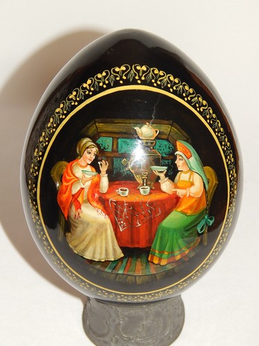 Große Russische Lackmalerei 2 Frauen beim Tee trinken Samowar signiert oval - Picture 5 of 14