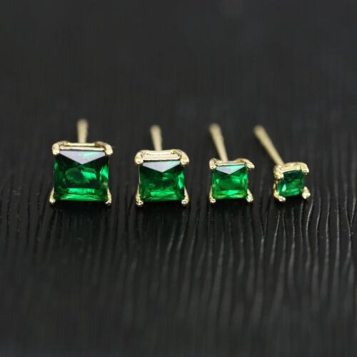 9K Yellow GOLD Filled Green Emerald MENS WOMENS KIDS 3-6mm Square STUD EARRINGS - Picture 2 of 7