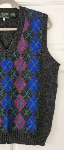 Vtg Marshall Fields Argyle Blue Purple Sweater Vest Wool Ireland Mens Medium - Picture 2 of 7
