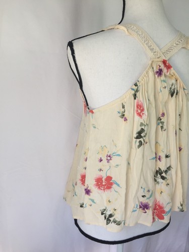 Lush Women Tank Top  Floral V-neck Open Back Sleeveless Pipe Holes Cream White S - Picture 5 of 12