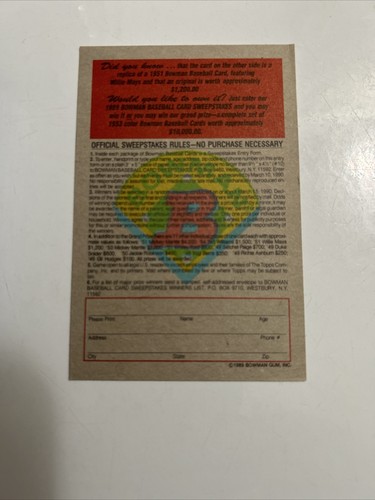 1989 Bowman Reprint Inserts #NNO Willie Mays 1951 Reprint - Picture 2 of 2