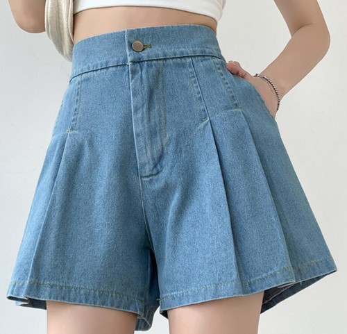 Women's Blue Denim A Line Summer Breathable Casual Pants Hot Shorts Pleated - Bild 6 von 12