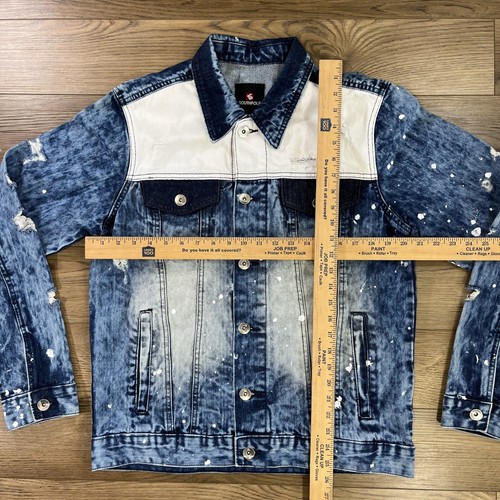 Giacca denim vintage uomo polo sud blu taglia media vernice grunge schizzata - Foto 6 di 7