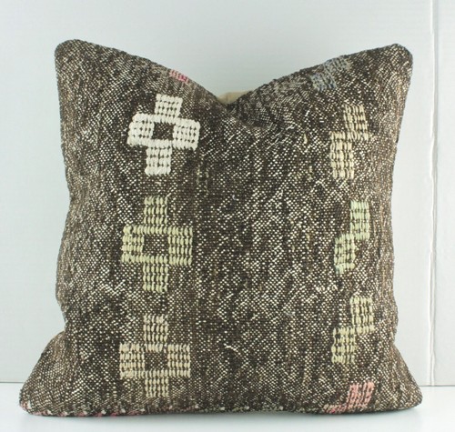 Funda de Almohada Decorativa Hecha a Mano Turca Kilim 18" Marrón Blanco Kilim Sofá Almohada - Imagen 1 de 9