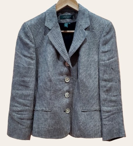 Lauren By Ralph Lauren Gray Linen Blazer Jacket 5 Button Lined Size 10P Petite