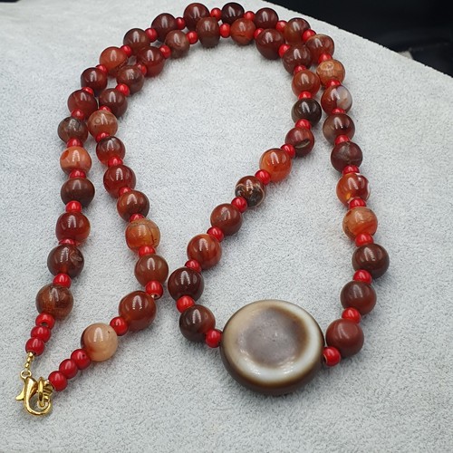 Goat Eye Tibetan Vintage Agate & Carnelian Agate With WhiteHeart Beaded Necklace - Picture 19 of 24