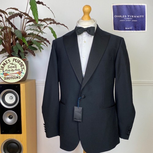 Charles Tyrwhitt (42R) neu mit Etikett schmal schwarz spitzes Revers Smoking Abendessen Abend Jacke