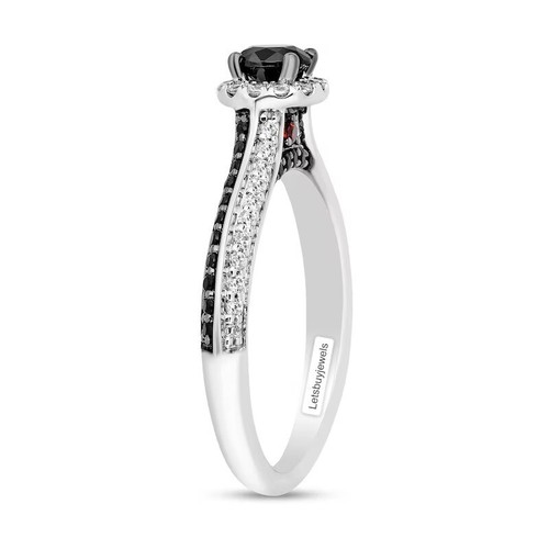 0.95CT Black and White Diamond and Garnet Engagement Ring In 925 Sterling Silver - Picture 6 of 9